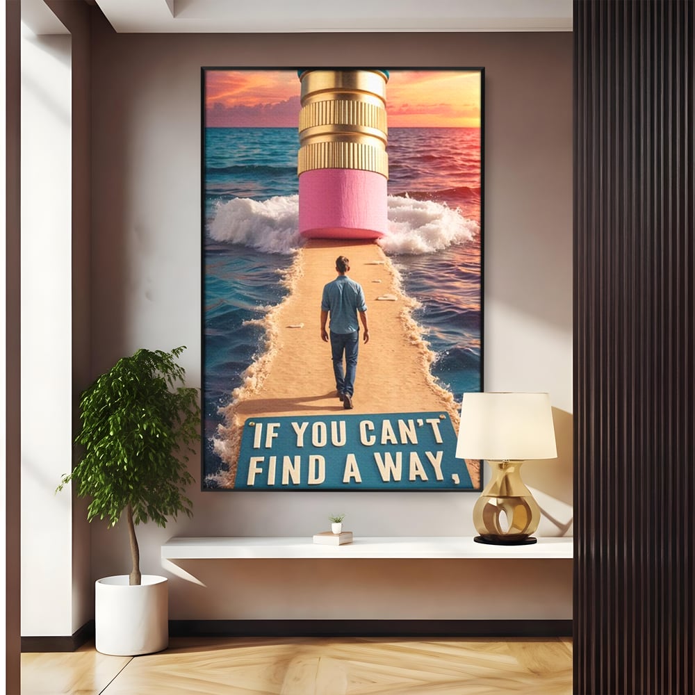 Tablou canvas cu ilustratie motivatioanala cu barbat pe carare, in rama de aluminiu negru